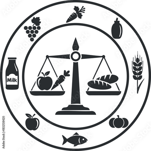 A balanced scale featuring fruits, vegetables, and milk in black and white minimalist vector style, ideal for health and nutrition design