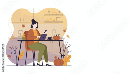 Woman works remotely in a cozy autumn kitchen multitasking with a laptop and smartphone