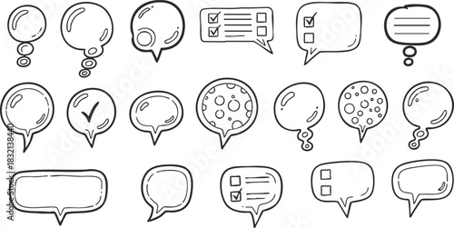 A collection of speech bubbles with checkmarks and lists in a minimalist outline vector style, ideal for communication and design projects