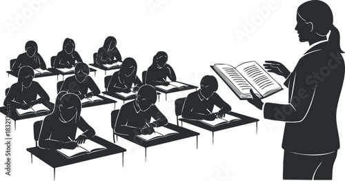 A teacher presenting a book to students in a black and white vector illustration, ideal for educational materials