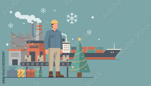 Global shipping of holiday gifts Worker managing factory production and logistics during winter