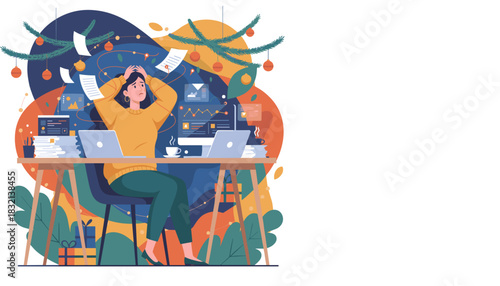 Stressed worker dealing with holiday deadlines and massive workload at a cluttered desk