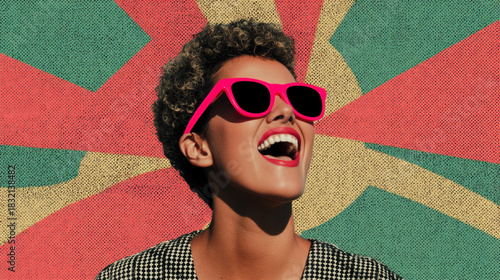 Bold woman wearing sunglasses in pop art style smiling with colorful background