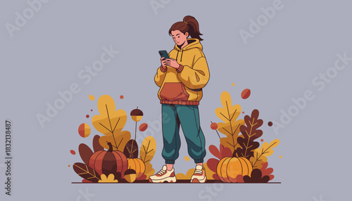Girl checking phone surrounded by autumn leaves and pumpkins Digital fall lifestyle