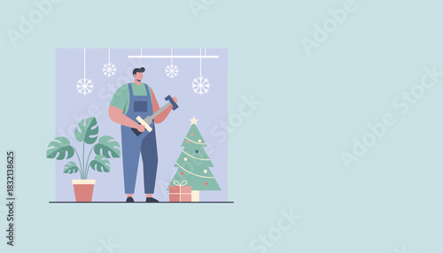 Service worker holding tools next to a Christmas tree and plant Winter holiday home repair concept