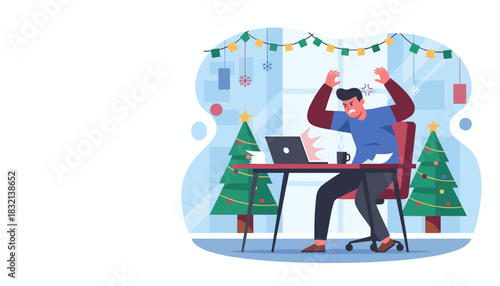 Angry worker experiencing stress and burnout while working during the Christmas holiday season