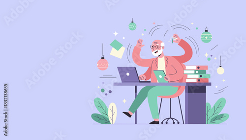 Efficient senior professional handling intense workload with multiple hands technology and energy