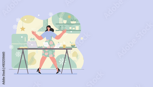 Productive woman working remotely in a festive kitchen environment