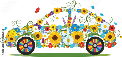 PrintFloral car vector illustration, colorful flowers forming an eco-friendly vehicle, green energy transportation concept, natural bloom spring summer graphic, isolated on white