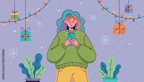Young woman uses a mobile phone surrounded by festive holiday decorations gifts and potted plants