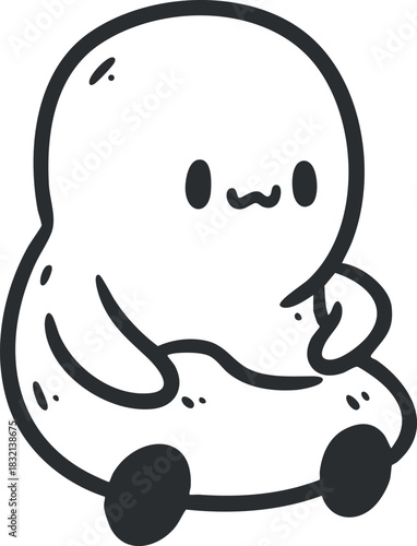 A cute cartoon character of a plump ghost with a friendly expression in a simple black outline style, perfect for children's illustrations and playful designs