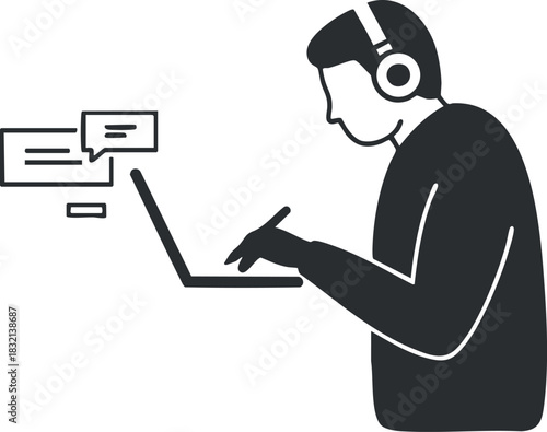 A man using a laptop and wearing headphones while engaging in online communication in a minimalist vector style, ideal for technology and remote work themes