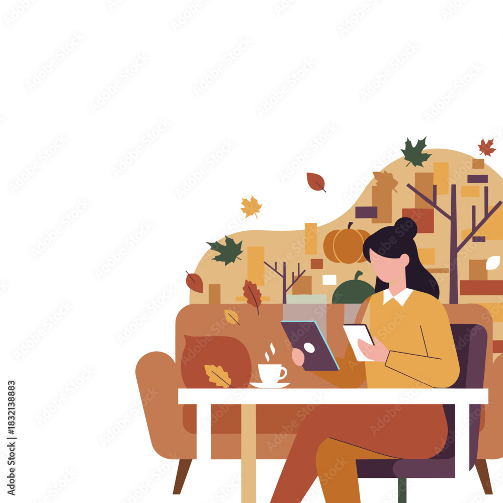 Fototapeta premium Woman using tablet and phone with coffee in an autumn setting Digital productivity and cozy fall lifestyle
