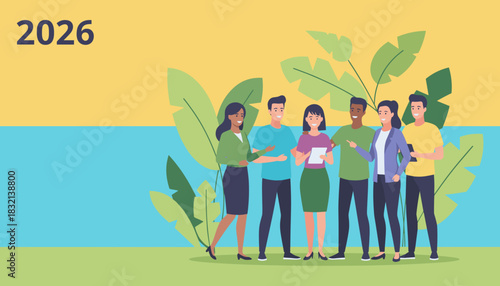 A diverse team planning for 2026 outdoors representing teamwork future goals and professional growth