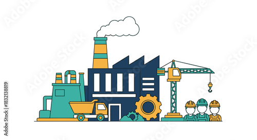 Factory and industrial production scene with workers machinery and chimney