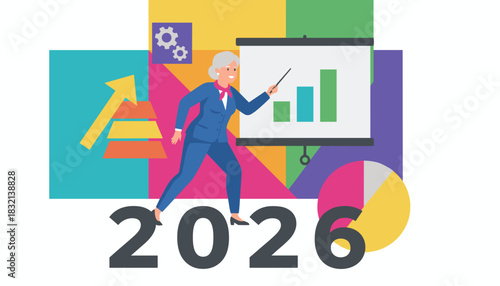 Senior businesswoman presents 2026 business plan financial forecast and growth strategy