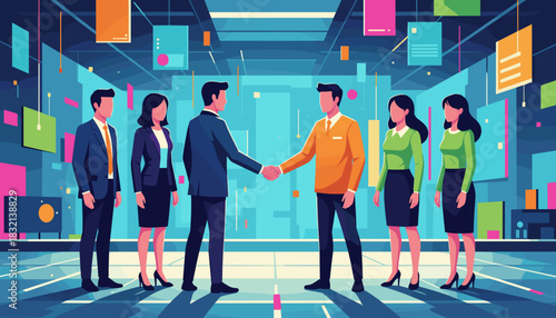 Corporate agreement handshake Teamwork and partnership concept in a futuristic tech office