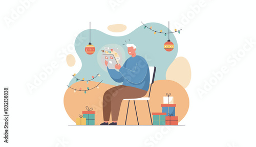 Senior man uses a tablet during Christmas surrounded by gifts and festive lights Digital holiday concept