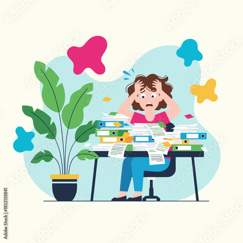 Stressed woman buried in paperwork High workload office burnout and deadline pressure concept