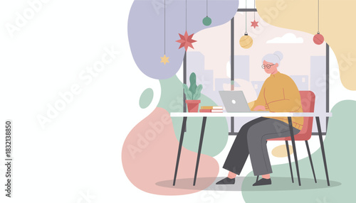 Senior woman uses laptop for remote work in modern home decorated for holidays