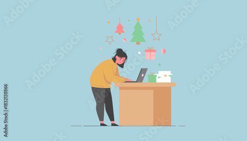 Holiday work stress Busy woman on laptop amidst Christmas decorations facing yearend deadlines