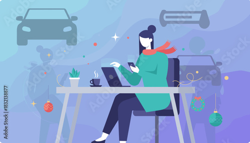 Digital nomad working on laptop during winter holidays surrounded by automotive and festive elements