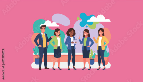 Diverse business team collaborating happily against a colorful backdrop Professional success and partnership