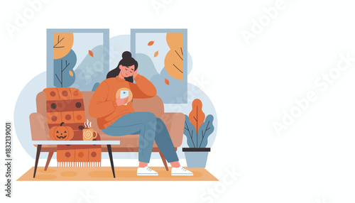 Cozy woman relaxing on sofa with phone enjoying autumn ambiance hot drink and Halloween pumpkin dcor