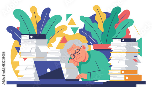 Senior worker overwhelmed by paperwork sleeping at desk Stress exhaustion and burnout concept