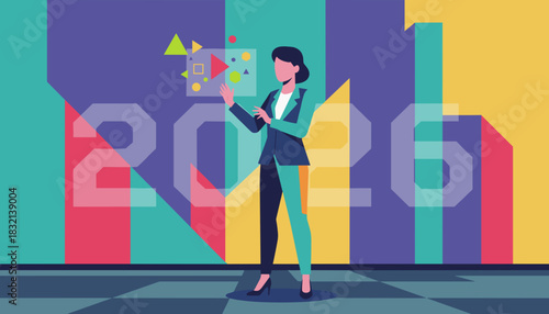 Professional woman interacts with abstract data projection 2026 planning in a vibrant modern setting