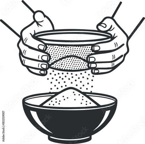 A pair of hands sifting flour into a bowl in black and white minimalist vector style, suitable for culinary projects and recipe designs