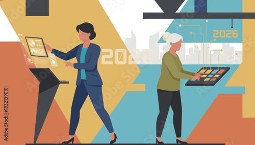 Professionals interacting with future technology and data displays