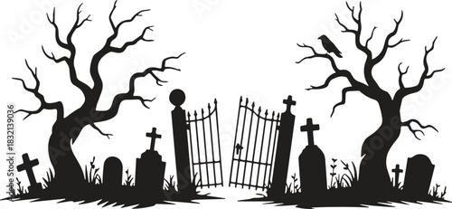PrintHalloween Graveyard Silhouette Vector Illustration, Spooky Cemetery Gate, Tombstones, Bare Trees, and Crow, Perfect for Horror, Funeral, and Ghostly Design Elements