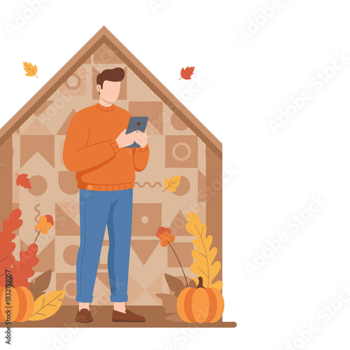 Man uses tablet in a cozy autumn home representing seasonal digital connectivity and comfort Flat design