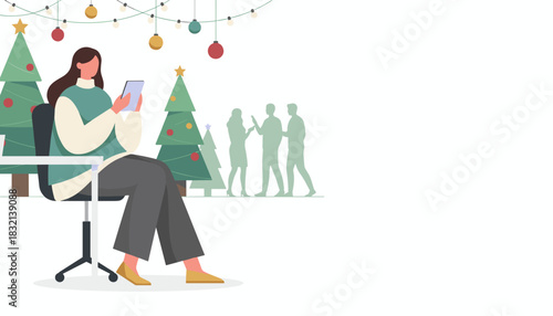 Woman using tablet at a holiday work party with Christmas trees and lights Festive business communication