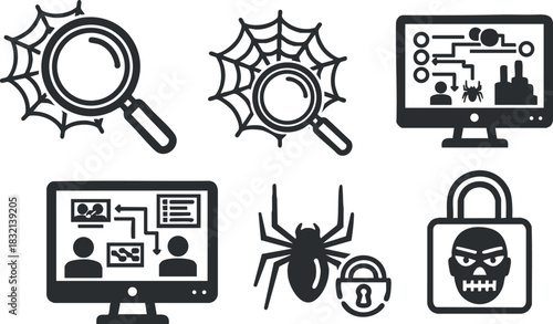 A collection of cybersecurity icons including a magnifying glass, spider, computer screen, and lock in black and white vector style, suitable for tech and security projects
