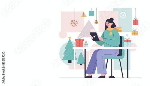 Festive woman uses a tablet for holiday shopping or communication surrounded by gifts and decor
