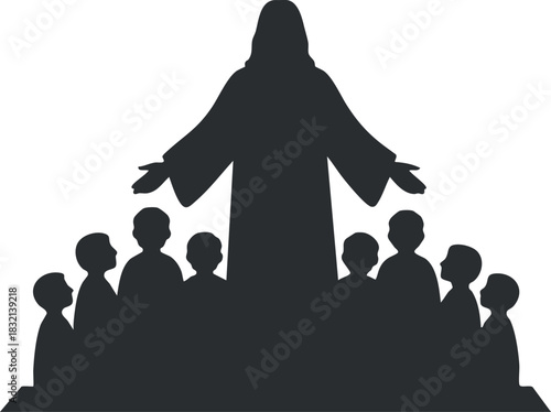 A silhouette of Jesus with outstretched arms and children gathered around in minimalist vector style, ideal for religious themes and community outreach.