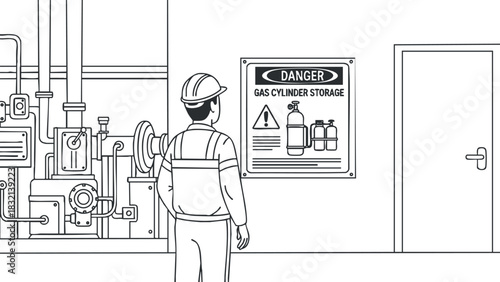 An industrial worker observing a danger sign for gas cylinder storage in a black and white outline vector style, suitable for safety manuals and training materials