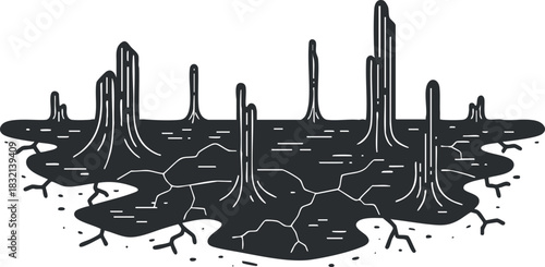 A stylized swamp landscape with tree stumps and water in black outline vector style, suitable for environmental designs
