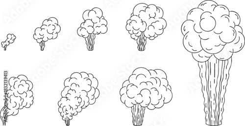 A collection of various smoke and cloud shapes in black and white outline vector style, suitable for environmental and design projects