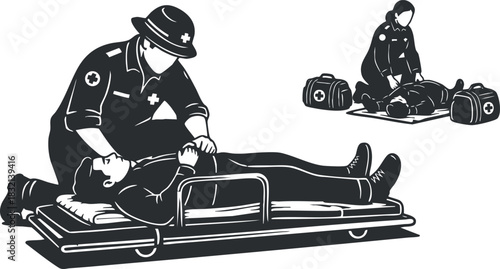 A paramedic performing CPR on a patient in a minimalist black and white vector style, ideal for health and safety training materials