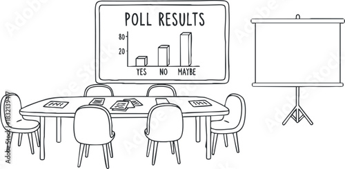 A meeting room setup with a table, chairs, and a poll results chart in minimalist vector style, ideal for business presentations