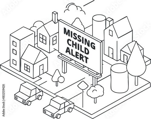 A community scene featuring a missing child alert billboard in geometric black and white vector style, suitable for awareness campaigns and safety messaging