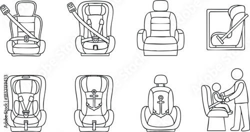 A collection of car seat safety icons illustrating installation, usage, and secure fitting in minimalist outline vector style, ideal for childcare and parenting resources
