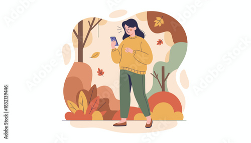 Woman worried about poor mobile signal outdoors in autumn Digital communication issue concept