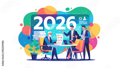 Vector illustration of business team planning strategy for success in 2026