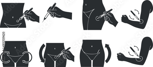 A step-by-step illustration of an injection procedure in flat black vector style, suitable for medical training and health education