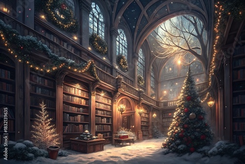 Magical winter library illuminated by christmas lights and snow