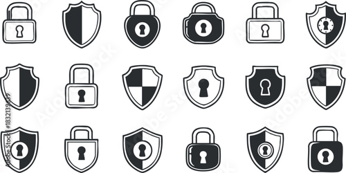A collection of security icons featuring various padlocks and shields in minimalist black and white vector style, ideal for technology and cybersecurity projects